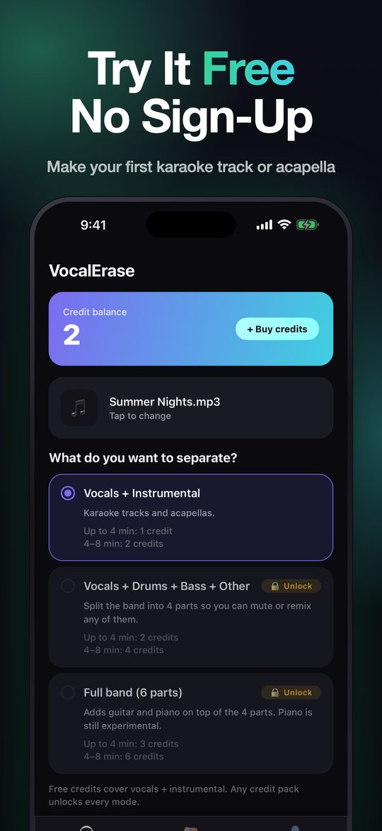VocalErase karaoke maker with free credits and no sign-up