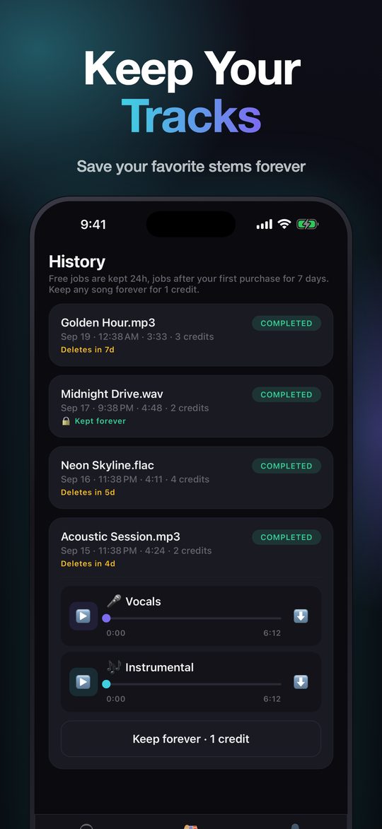 VocalErase history screen with the option to keep a song forever