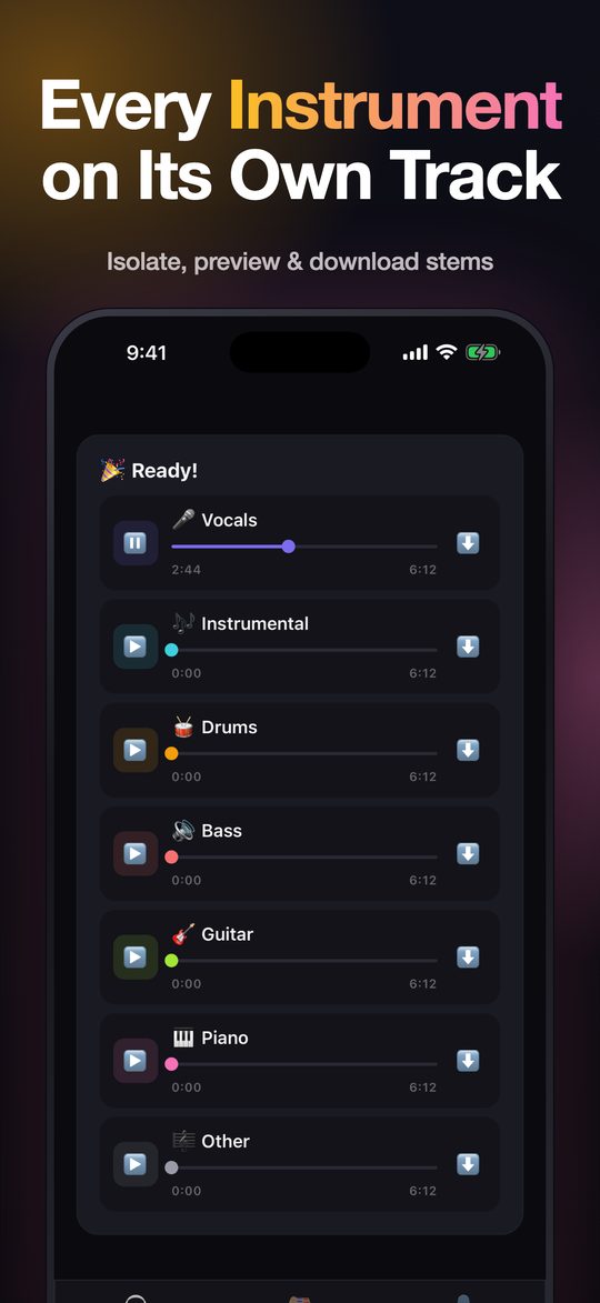 Separated drums, bass, guitar, piano and vocals tracks in VocalErase
