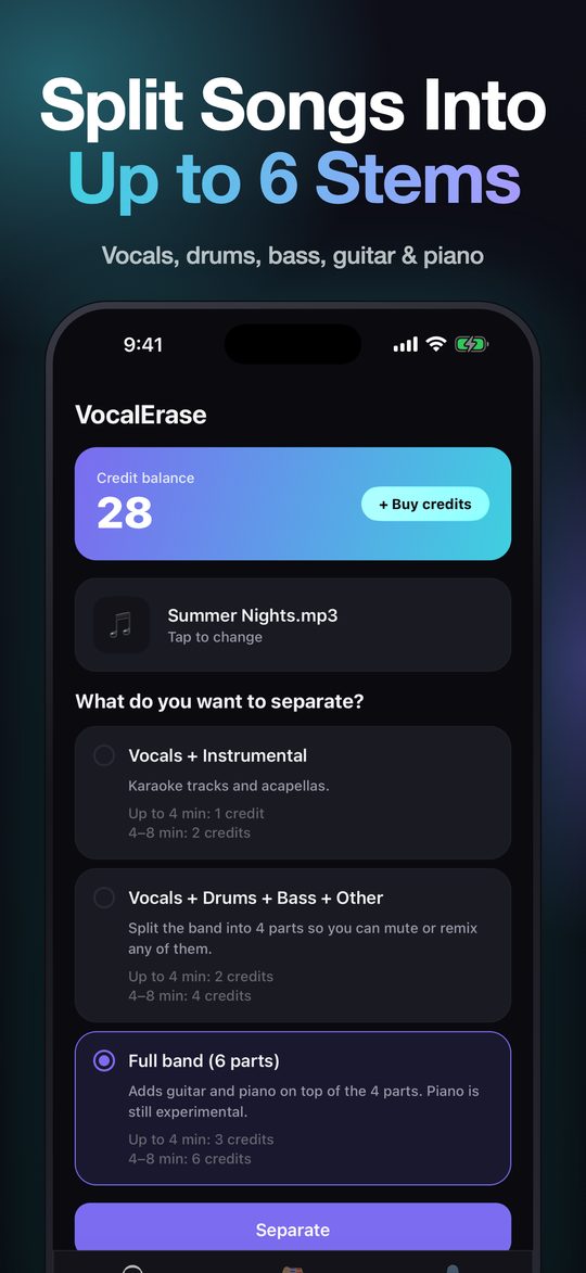 Choosing the 6-stem mode in the VocalErase stem splitter app